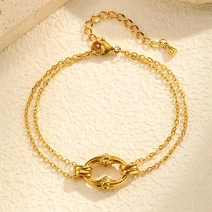 Forgyldt armbånd i rustfrit stål med dobbelt kæde og bambusring til kvinder