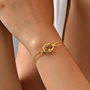 Forgyldt armbånd i rustfrit stål med dobbelt kæde og bambusring til kvinder