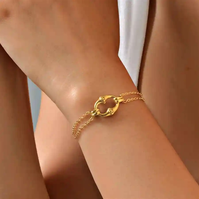 Forgyldt armbånd i rustfrit stål med dobbelt kæde og bambusring til kvinder