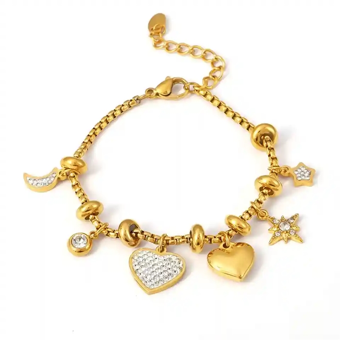 Celeste Charm Armbånd - Forgyldt Ædelstål med Hjerte og Stjerner