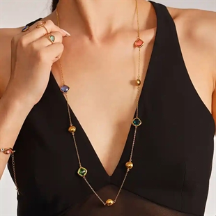 Forgyldt halskæde med farvede glassten og guldperler – Color Luxe Chain Necklace