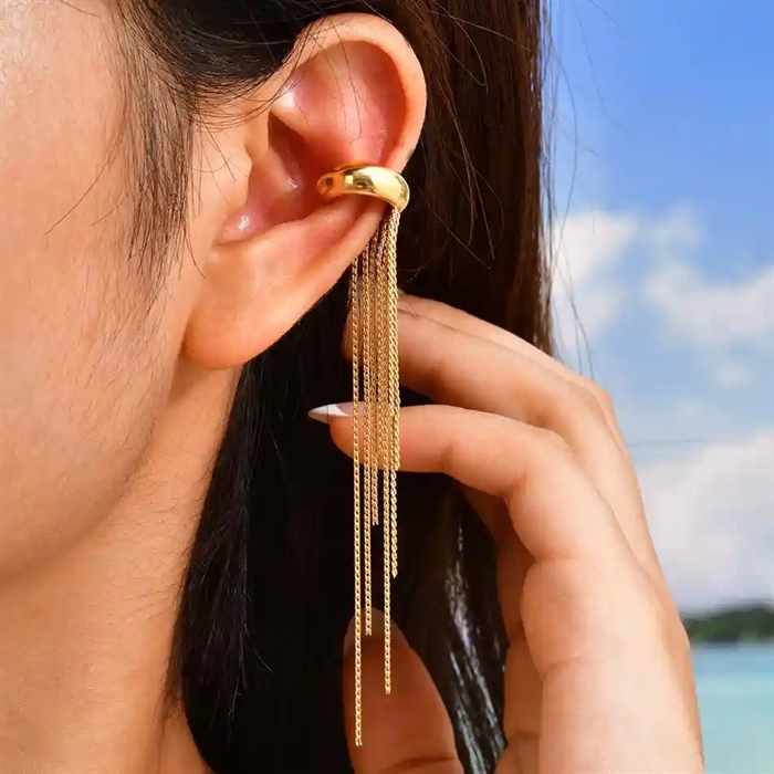 Forgyldt kædeøreclip med ear cuff top – Golden Long Chain Ear Cuff