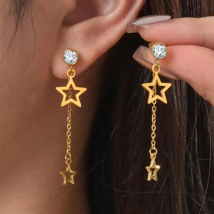 Star Chain Drop ørering i forgyldt ædelstål med CZ-sten – sælges pr. stk