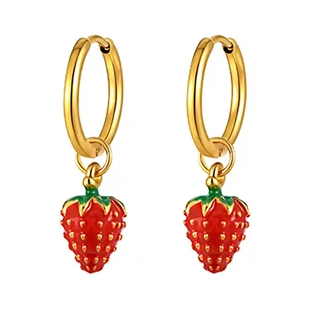 Ørering i øret med sødt jordbærvedhæng i rød og grøn emalje – Promiz.dk