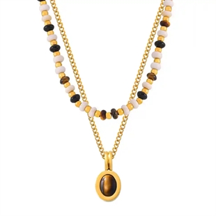Tiger Glow Halskæde Sæt – to forgyldte kæder i ædelstål med tigerøje-natursten – Promiz.dk
