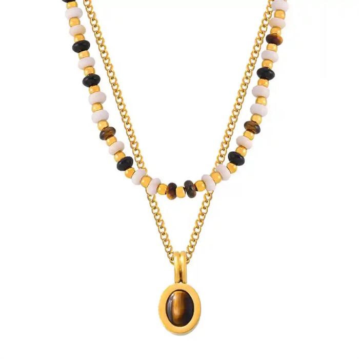 Tiger Glow Halskæde Sæt – to forgyldte kæder i ædelstål med tigerøje-natursten – Promiz.dk